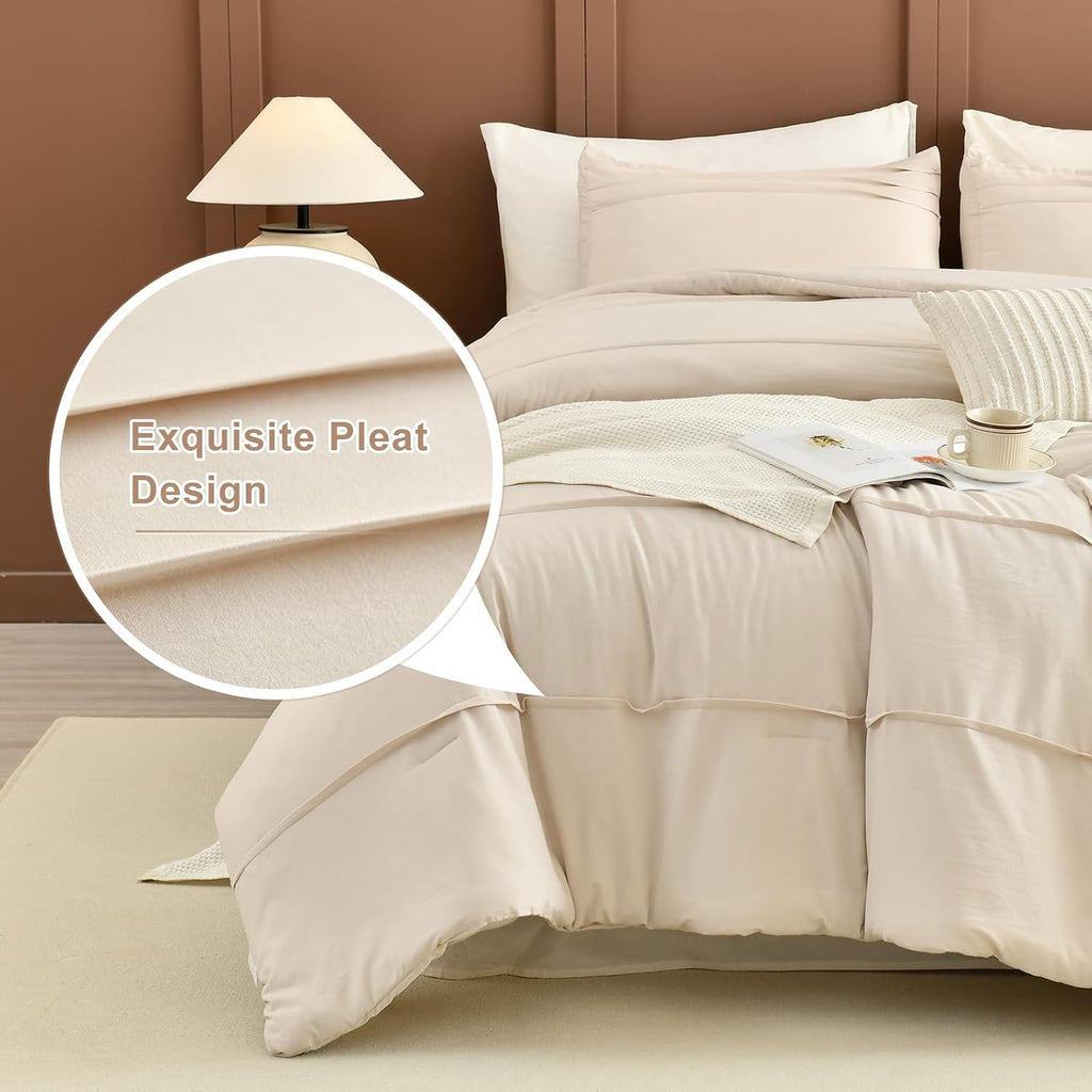 Masaca Oversized Comforter King Size(120'x120'),Soft Pinch Pleated Bedding Comforter Set,3 Pieces Wheat Colored California King Microfiber Boho Bedding Set for All Season