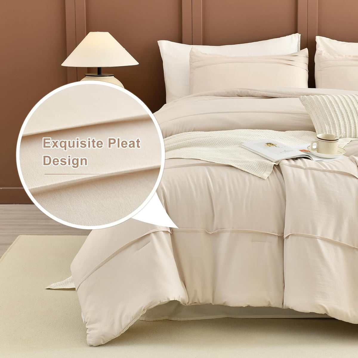 Masaca Oversized Comforter King Size(120'x120'),Soft Pinch Pleated Bedding Comforter Set,3 Pieces Wheat Colored California King Microfiber Boho Bedding Set for All Season