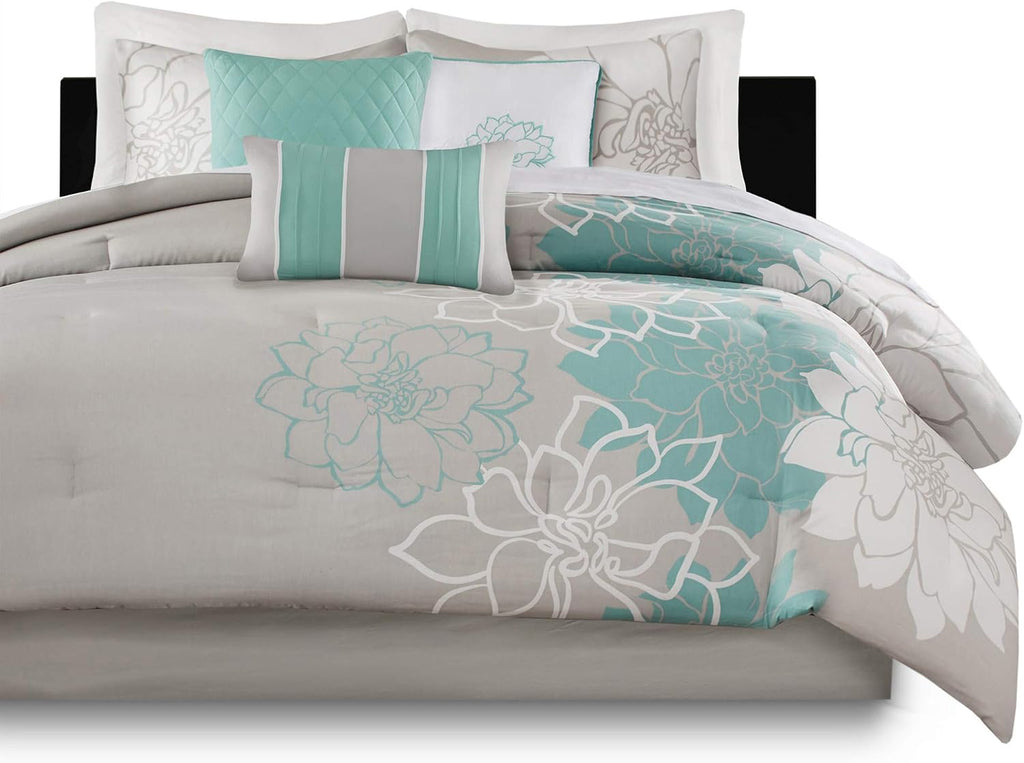 Madison Park Lola Sateen Cotton Comforter Set-Casual Medallion Floral Design All Season Down Alternative Bedding, Shams, Bedskirt, Decorative Pillows, King, Grey/Aqua 7 Piece