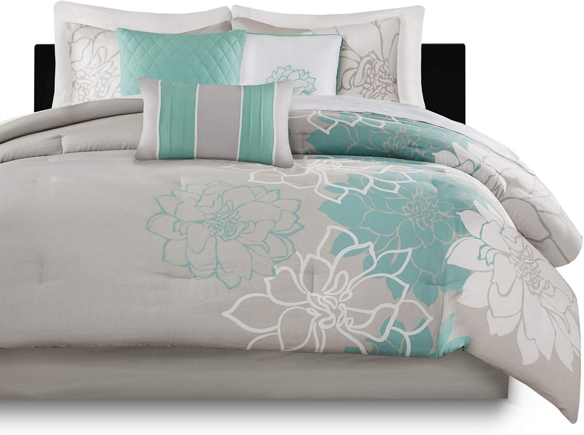 Madison Park Lola Sateen Cotton Comforter Set-Casual Medallion Floral Design All Season Down Alternative Bedding, Shams, Bedskirt, Decorative Pillows, King, Grey/Aqua 7 Piece