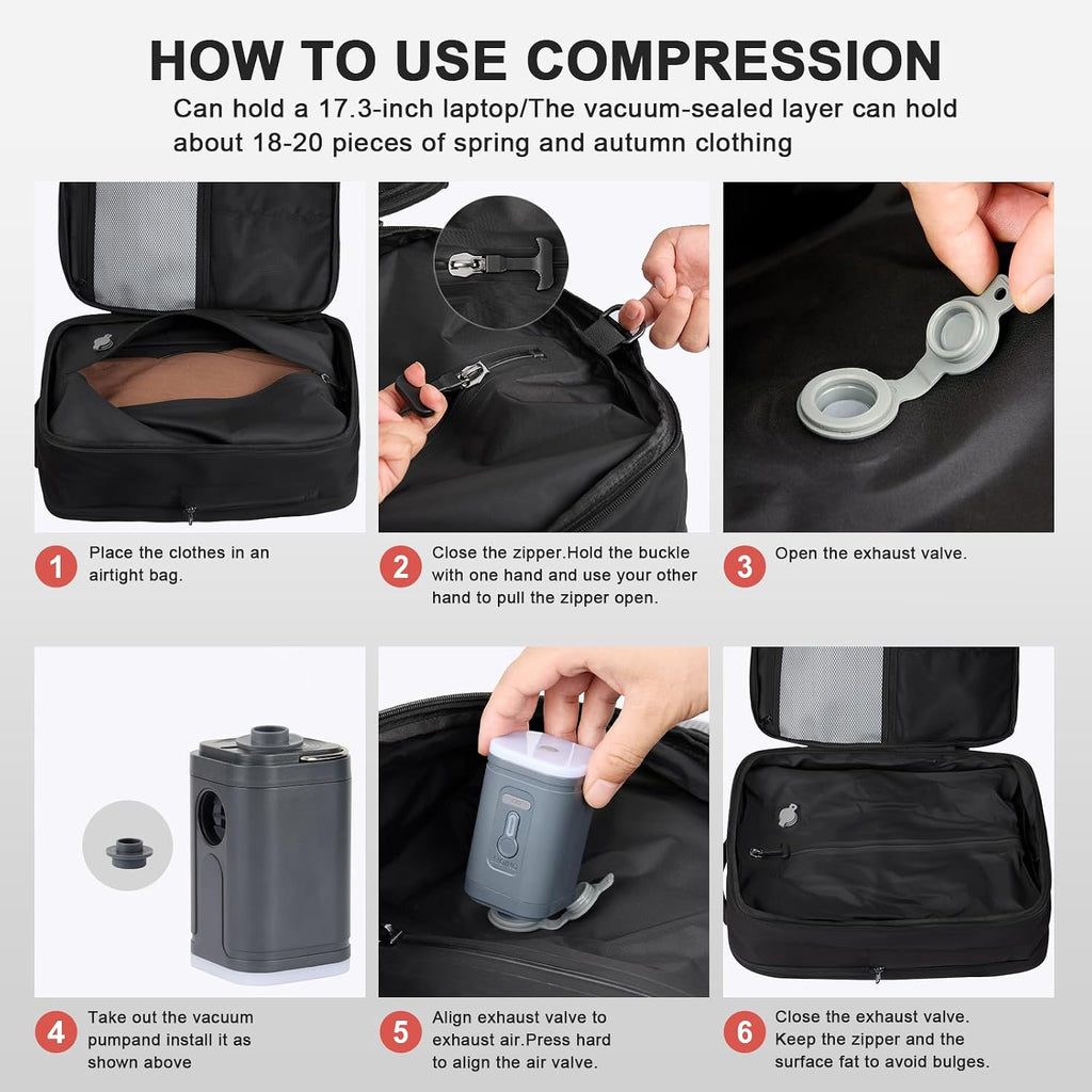 Vacuum Seal Travel Backpack 60L – Air Compression System, Water-Resistant Carry-On Backpack with TSA Lock, 17' Laptop Compartment, Vacuum Pump Included for Travel, Business - Black
