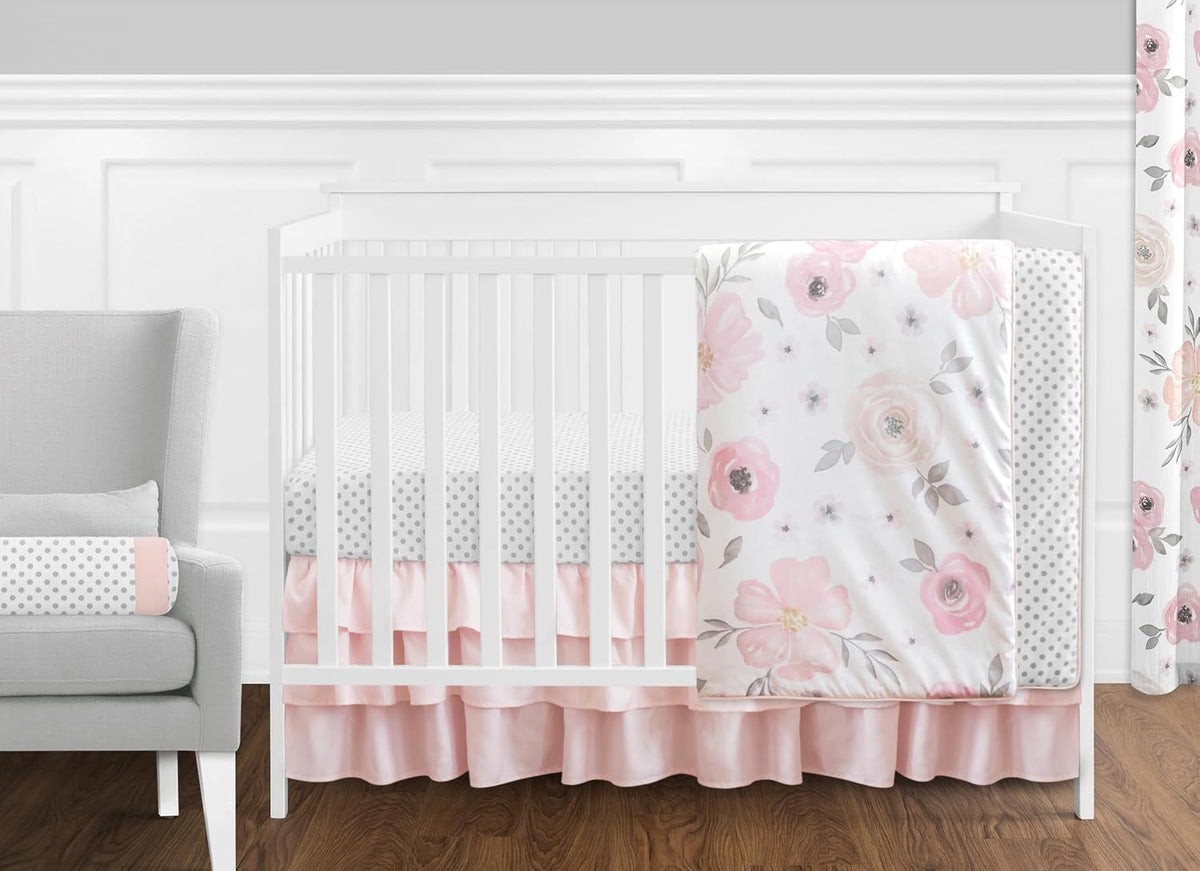 Sweet Jojo Designs 11-Piece Baby Crib Bedding Set (Pink/Grey Boho Floral) for Girls, Infants/Nursery incl. Blanket, Fitted Sheet, Skirt, Diaper Stacker, Valances, Wall Hangings, Toy Bag, Pillow (Rose)