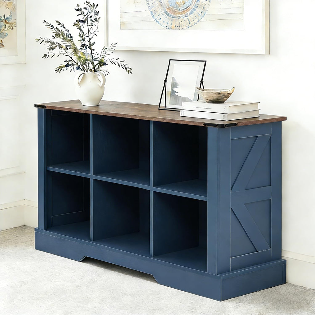 6 Cube Storage Organizer, 2 Tier Book Shelf with Led Lights, Farmhouse Book Shelves for Living Room, Horizontal Toy Storage Bookshelf, Wood Display Bookcase Cabinet for Bedroom, Office, Blue