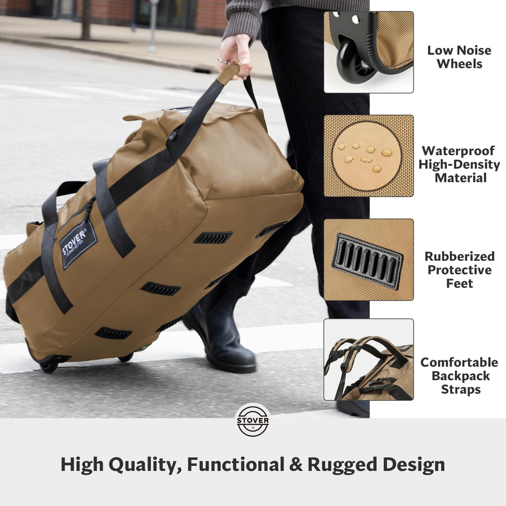 STOVER 45/80/100L Rolling Duffel Bag with Wheels, Large Durable Travel Duffle + Toiletry Bag, Heavy Duty, Packable, Foldable with Shoulder Straps- Use as Luggage or Backpack, Men/Women (Tan)