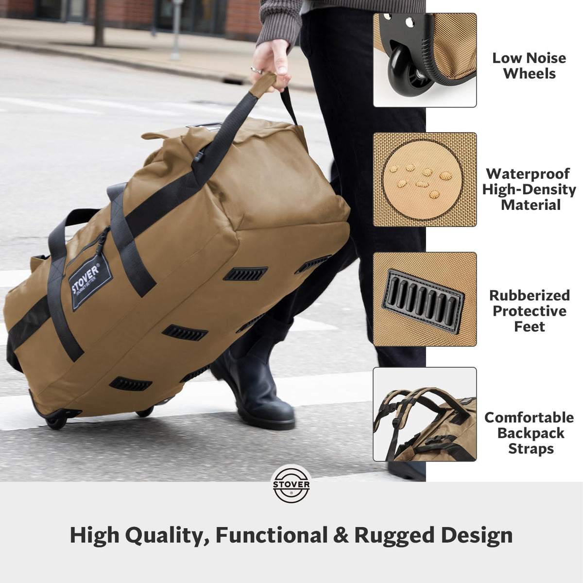 STOVER 45/80/100L Rolling Duffel Bag with Wheels, Large Durable Travel Duffle + Toiletry Bag, Heavy Duty, Packable, Foldable with Shoulder Straps- Use as Luggage or Backpack, Men/Women (Tan)