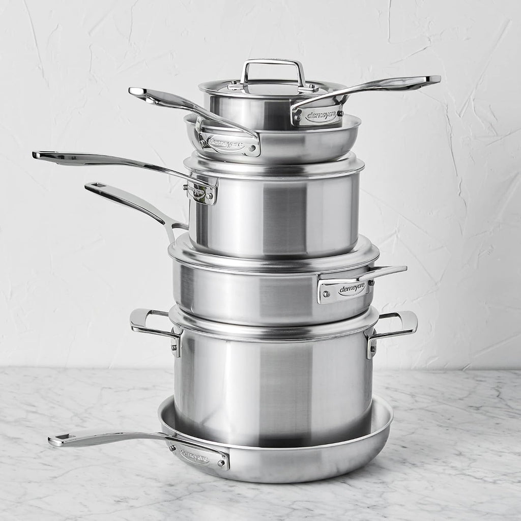 Demeyere Essential 5-ply, 18/10 Stainless Steel, Stay Cool Handle, Oven Safe, Compatible with all Cooktops, Perfect Pour Edge, 10-pc Cookware Set