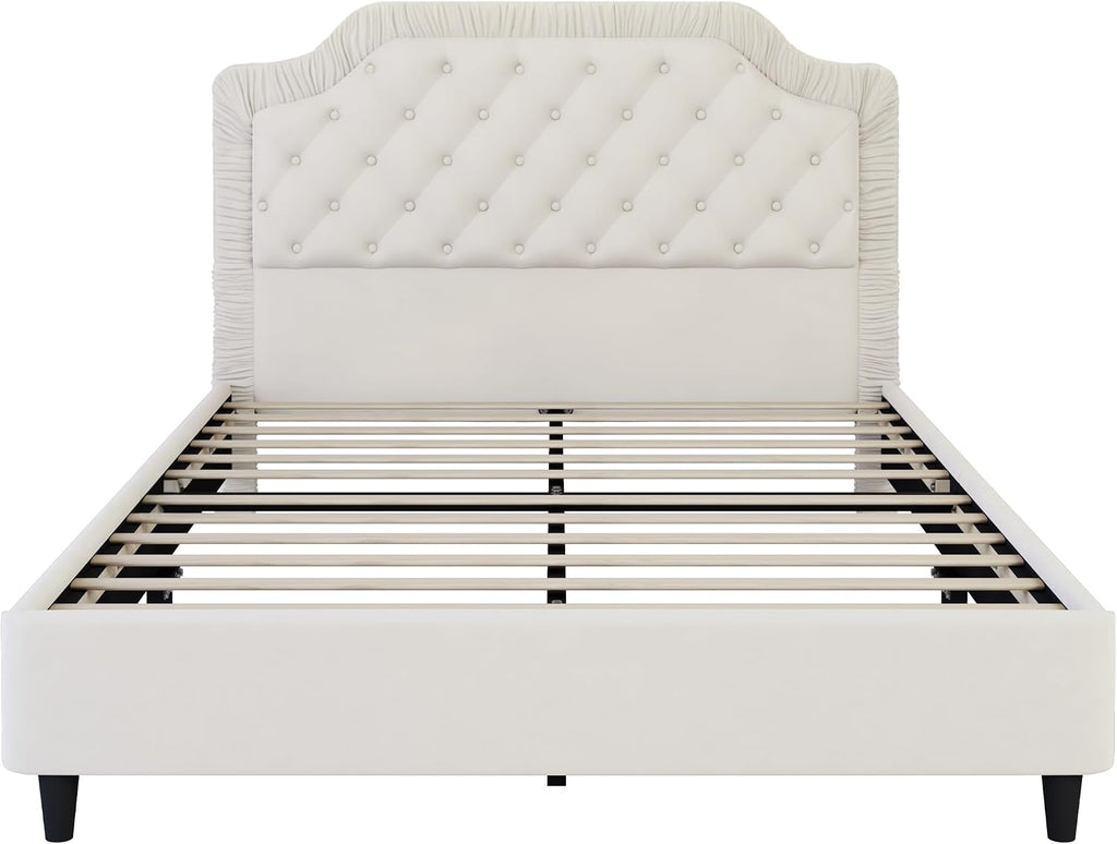 2-Pieces Bedroom Sets, Queen Size Tufted Velvet Upholstered Platform Bed with Storage Ottoman Bench for Kids Teens Adult Bedroom, Wood Slat Support, No Box Spring Needed (White-20c)
