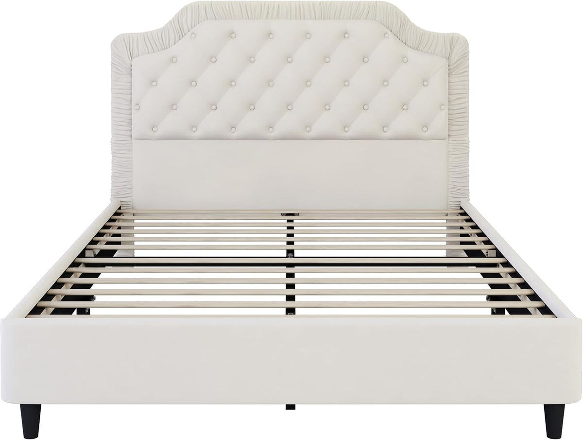 2-Pieces Bedroom Sets, Queen Size Tufted Velvet Upholstered Platform Bed with Storage Ottoman Bench for Kids Teens Adult Bedroom, Wood Slat Support, No Box Spring Needed (White-20c)