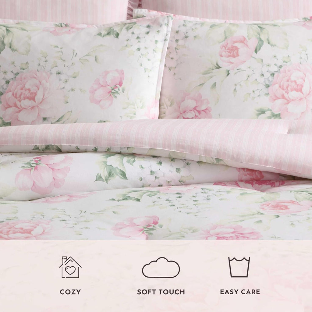 Laura Ashley - King Bonus Comforter Set, Reversible Bedding with a Naturally Soft Feel, 7 Piece Bed Set with Matching Pillowcases, Euro Shams, & Throw Pillow Covers (Serenity Roses/Mattie Stripe Pink)
