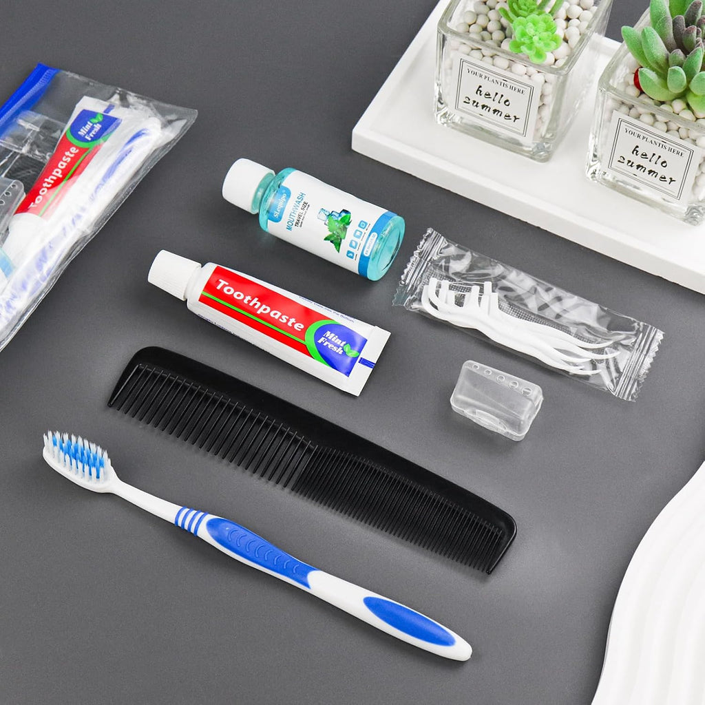 100 Set Travel Toothbrush Kit Bulk,Disposable Toothbrush with Toothpaste Set with Mouthwash,Toothpaste,Cover,Comb,Zip Bag,Floss Picks,Toothbrushes Set for Homeless,Travel