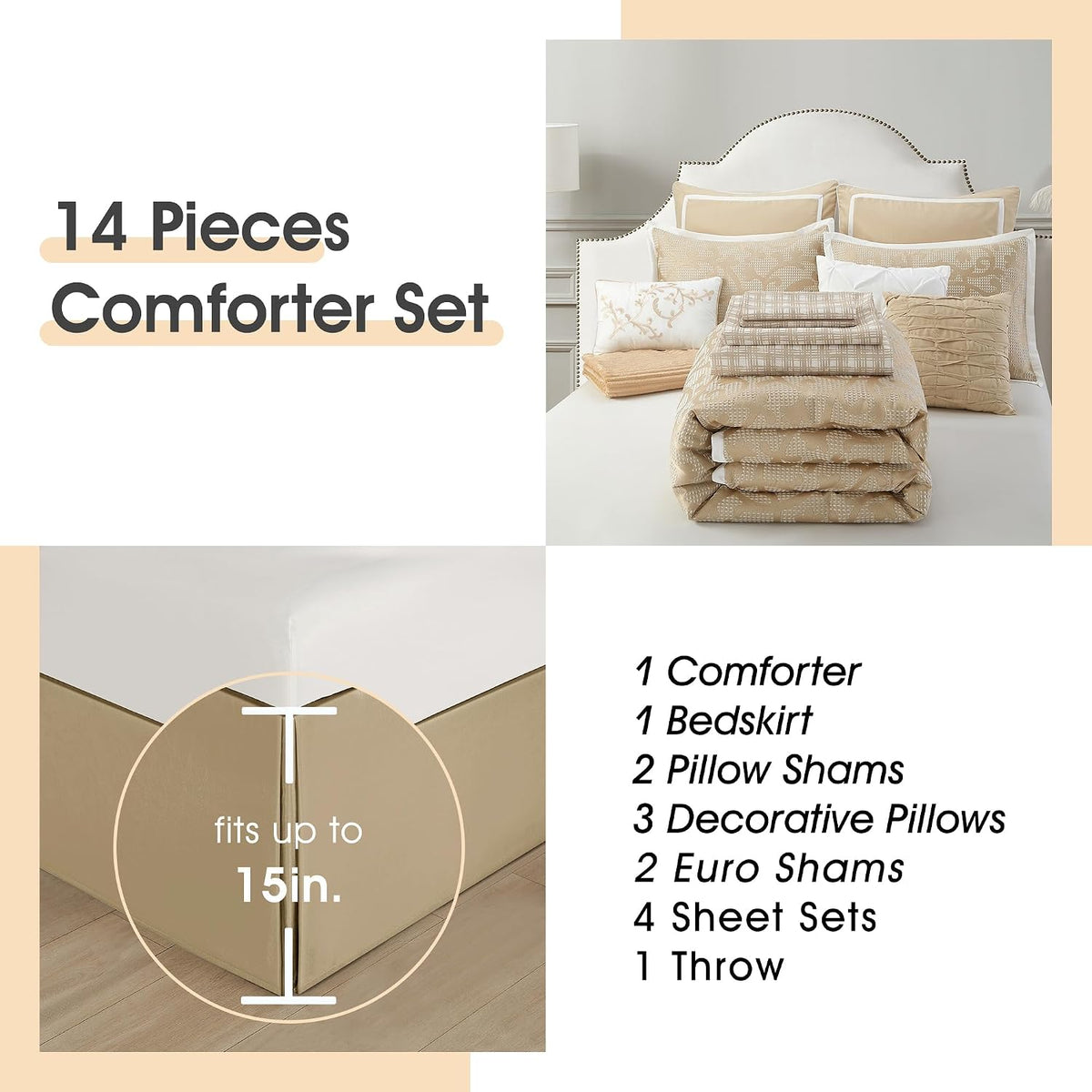 LANCO MODERN LIFESTYLE Taupe Queen Comforter Set, Classic Jacquard Floral 14 Pieces Bedding Set, Ultra Soft for All Seasons, Sheets, Bedskirt, Throw, Matching Shams and Decor Pillows