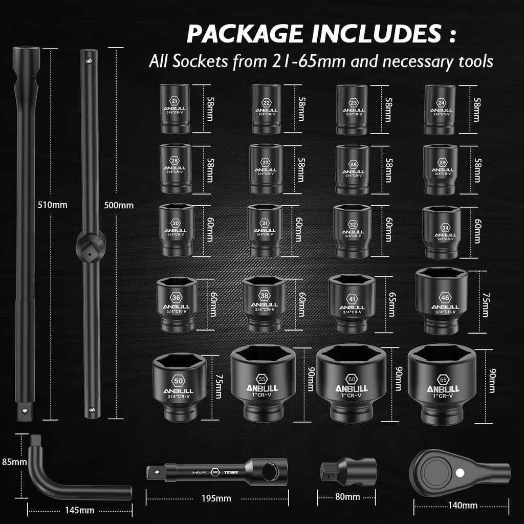 Anbull 3/4-Inch and 1-Inch Drive Jumbo Impact Socket Sets, 27 PCS Shallow Socket Assortment, Standard Metric Sizes (21-50 mm and 50-65 mm)