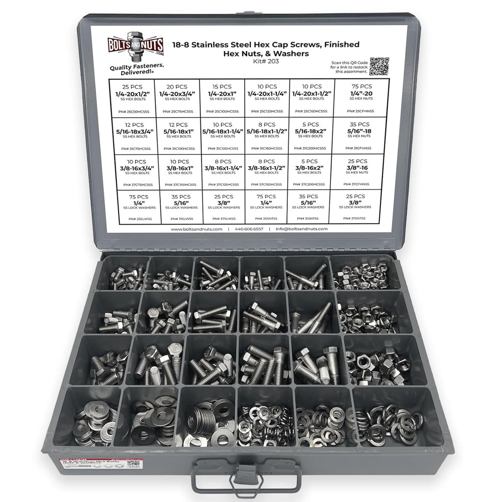 18-8 (304) Stainless Steel Hex Cap Screws Bolts Nuts Washers Assortment Kit - 574 Pcs!