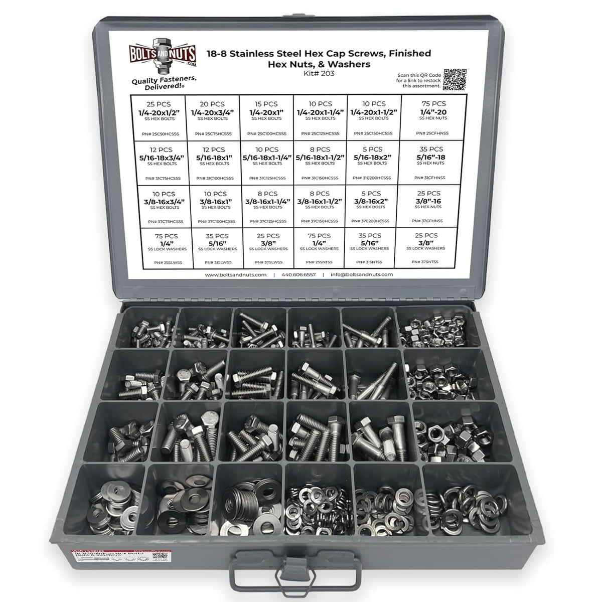 18-8 (304) Stainless Steel Hex Cap Screws Bolts Nuts Washers Assortment Kit - 574 Pcs!