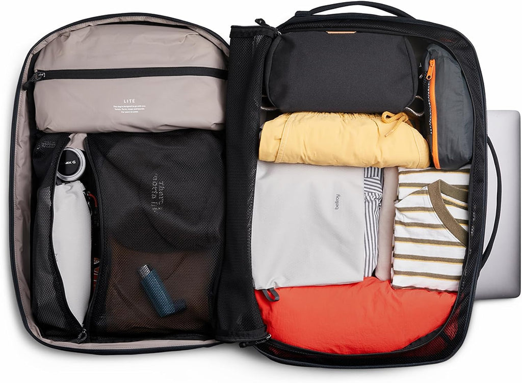 Bellroy Lite Travel Pack 38L (carry-on backpack, large travel backpack for international travelers, with laptop pocket, interior packing cells and tuck-away shoulder straps) - Black