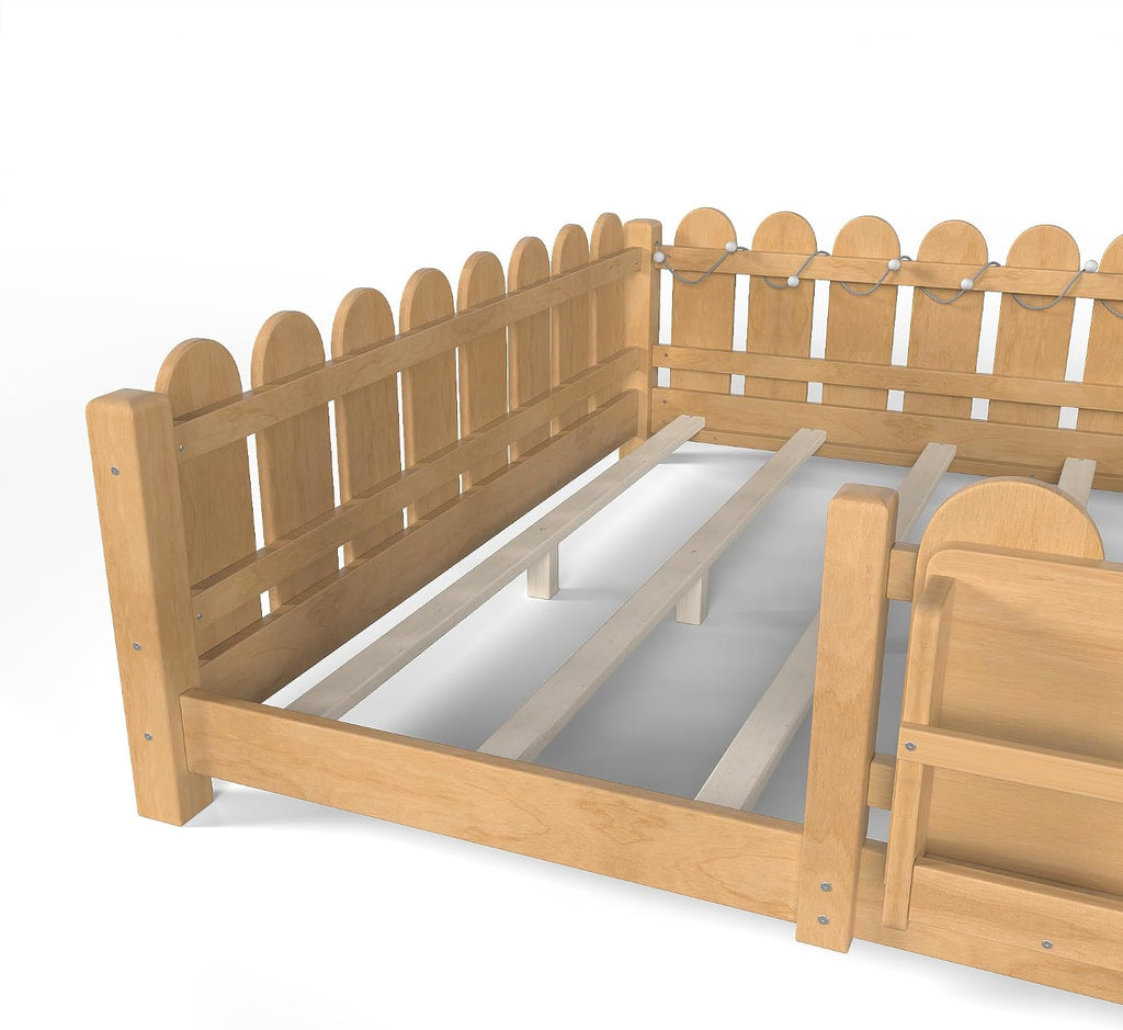 Bellemave Queen Size Floor Bed with Rails and Slats, Queen Size Montessori Floor Bed with Bookshelf, Fence and Lights, Low Profile Montessori Beds Frame for Girls, Boys, Light Natural