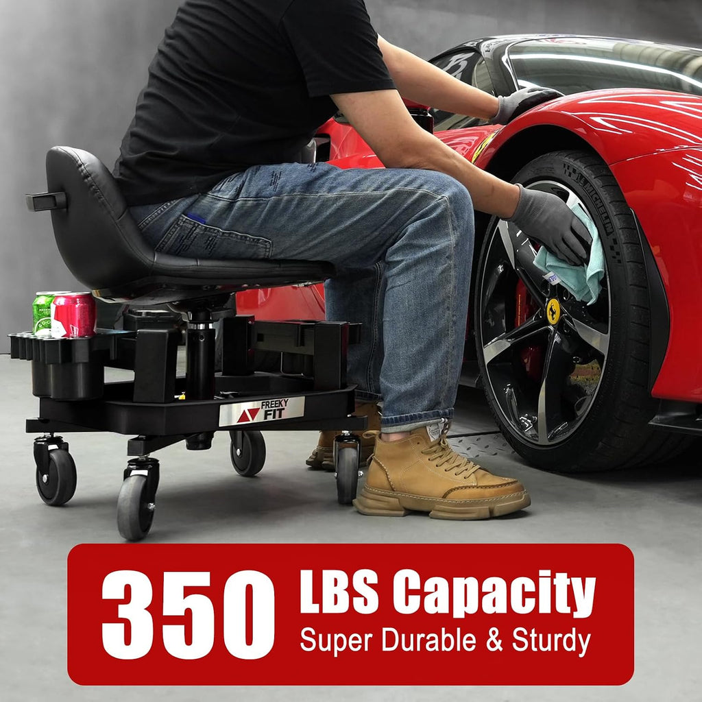 Rolling Stool with Wheels, Adjustable Shop Stool Mechanic Seat, Garage Shop Roller Work Chair, Mobile Rolling Seat with Tool Tray, 2 Cup Holders, 4' Casters, 350 LBS, Heavy-Duty, Black