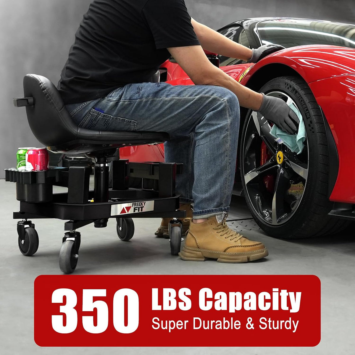 Rolling Stool with Wheels, Adjustable Shop Stool Mechanic Seat, Garage Shop Roller Work Chair, Mobile Rolling Seat with Tool Tray, 2 Cup Holders, 4' Casters, 350 LBS, Heavy-Duty, Black