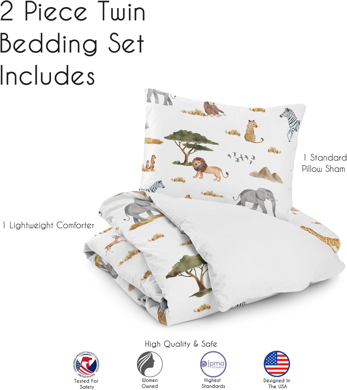 Sweet Jojo Designs 2-Piece Twin Comforter Set (Jungle Animals) for Boys/Girls, Children, Kids Bedding, Bed in a Bag incl. Blanket & Pillow Sham (Wildlife, Safari, Animal, Elephant, Giraffe, Monkey)