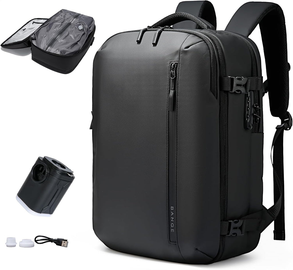 BANGE Vacuum-Seal Travel Backpack with Pump and Vacpack Compression System, Water Resistant Large Carry-On Backpack with Laptop Compartment and TSA Lock - Flight Approved, Black (With Air Pump)