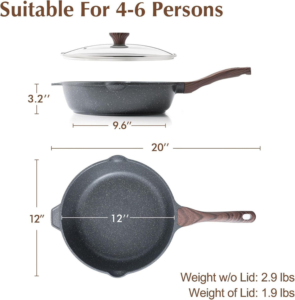 SENSARTE Nonstick Deep Frying Pan Skillet, 12-inch Saute Pan with Lid, Stay-cool Handle, Chef Pan Healthy Stone Cookware Cooking Pan, Induction Compatible, PFOA Free (Pack of 2)