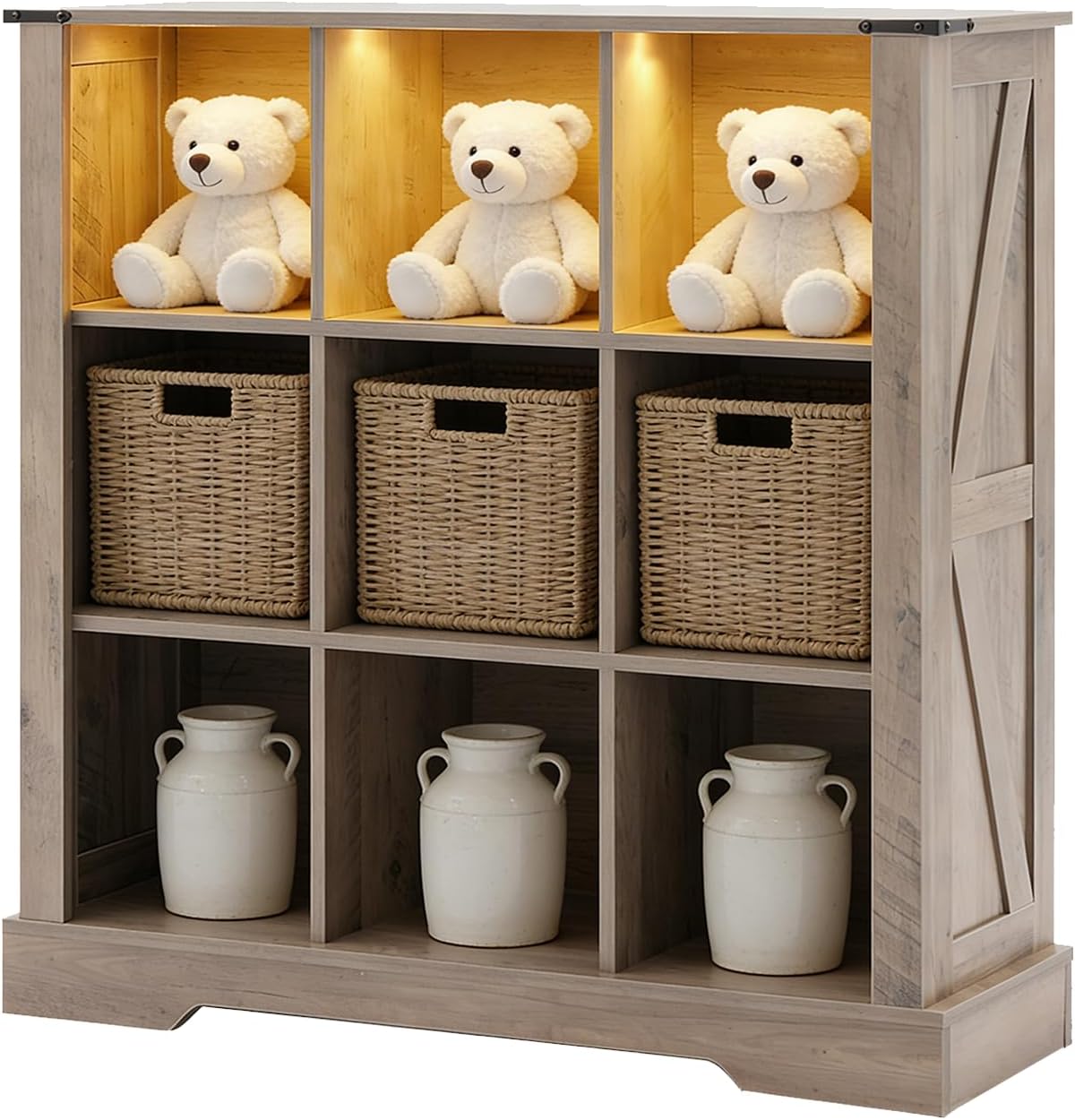 9 Cube Storage Organizer, Wood Cube Bookshelf with LED Lights, Horizontal Storage Cubes, Kids Bookshelf, Display Cabinet Cubby Shelf for Living Room Home Office Bedroom，Grey