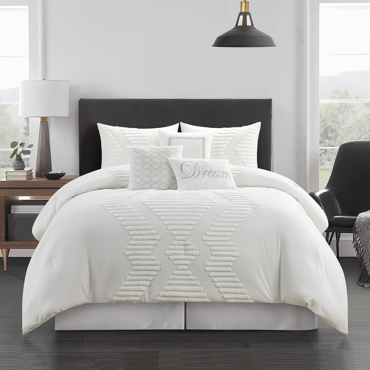 Grand Avenue Tufted Embroidery Comforter Set Queen Size, 7 Piece White Fashion Bedding Set, Ultra-Soft, Pillows & Shams, All Season, Home Decor