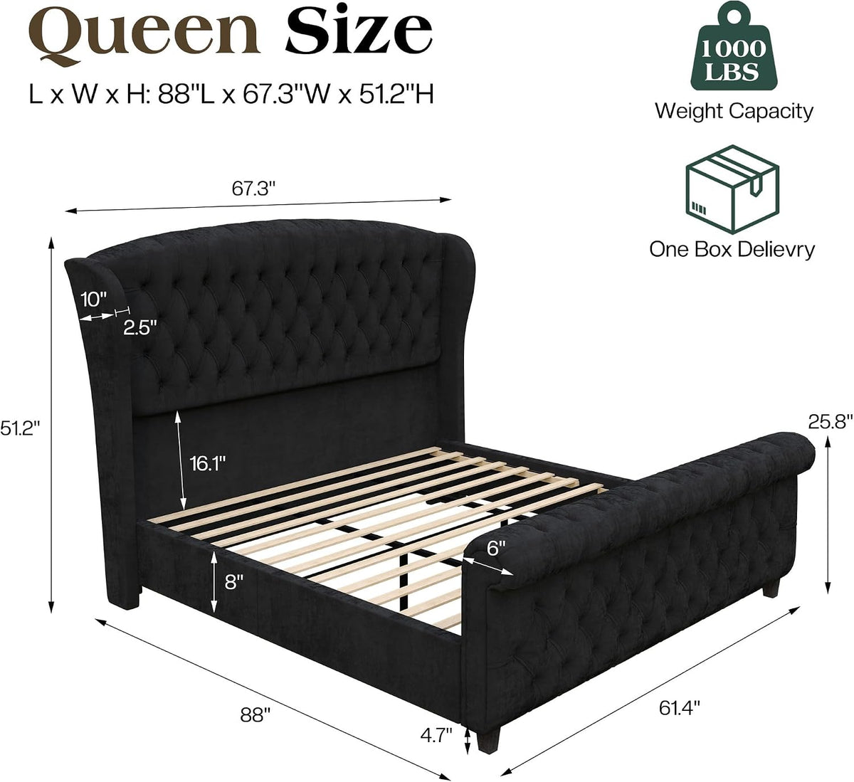 LUXOAK Queen Size Platform Bed Frame, Velvet Upholstered Sleigh Bed with Curved Headboard & Footboard, Deep Button Tufted, Wood Slats Support, No Box Spring Needed, Black