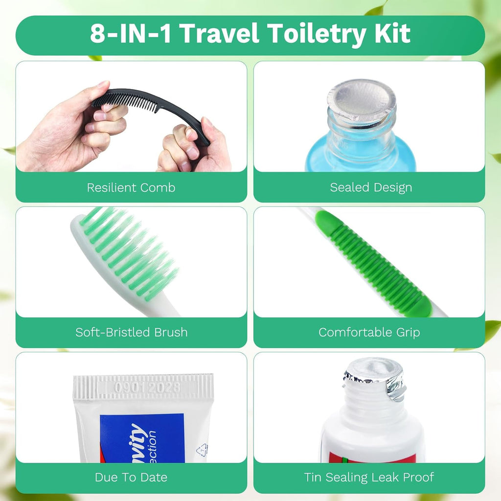 100 Set Personal Care Travel Toiletries Sets Bulk,8-IN-1 Disposable Toothbrushes with Toothpaste and Floss,Mouthwash,Comb,Soap,Cover,Zip Bag Toiletry Travel Toothbrush Kit for Homeless,Hotel,Charity
