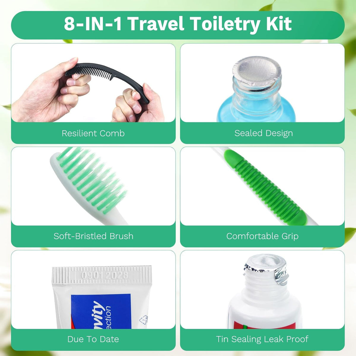 100 Set Personal Care Travel Toiletries Sets Bulk,8-IN-1 Disposable Toothbrushes with Toothpaste and Floss,Mouthwash,Comb,Soap,Cover,Zip Bag Toiletry Travel Toothbrush Kit for Homeless,Hotel,Charity