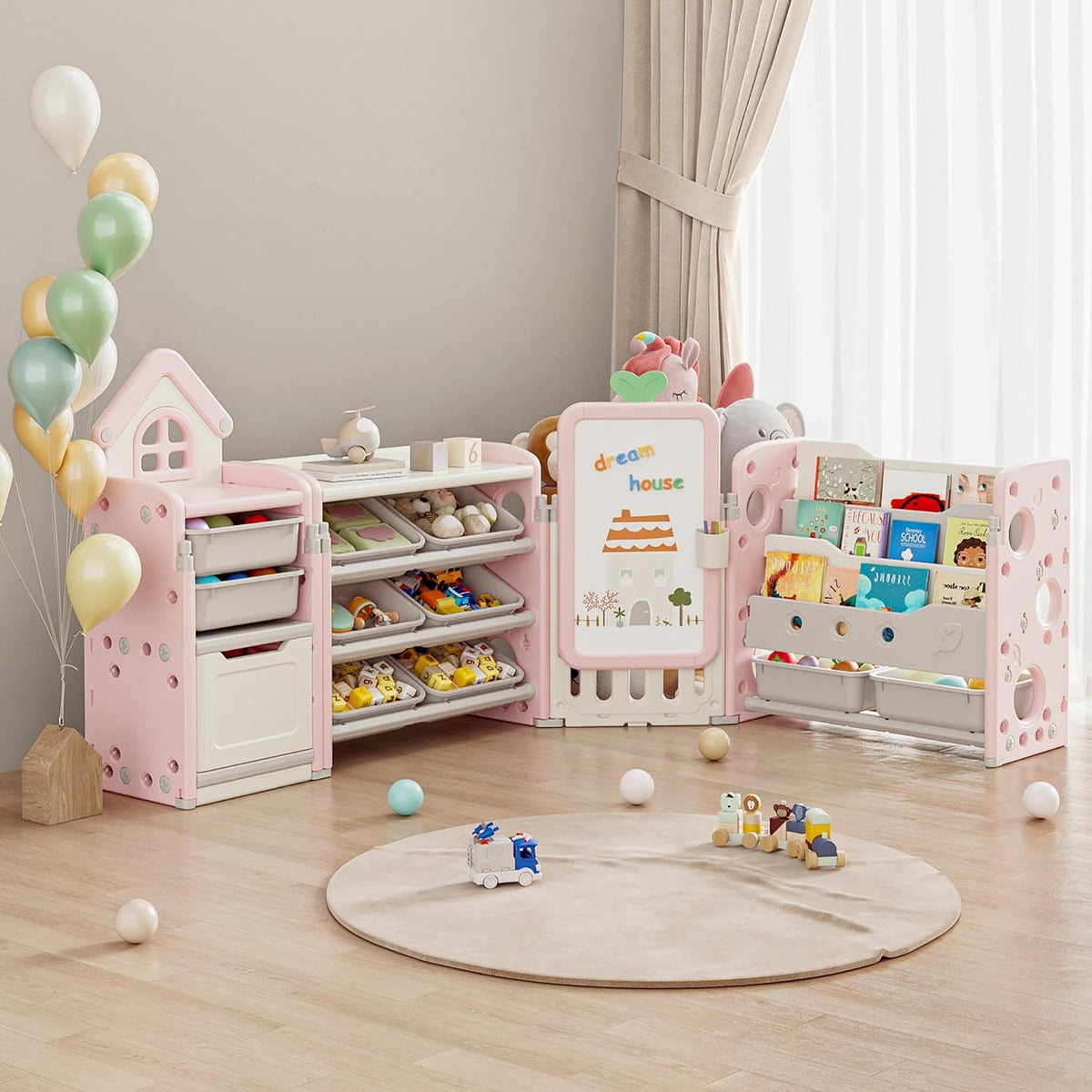 Kids Toy Storage Organizer with 10 Removable Bins, Foldable Toy Organizers and Storage with 3-Tier Bookshelf for Kids Toy Storage Organizer with Drawing Board, Extra 3 Brushes (4 In 1 Light Pink)