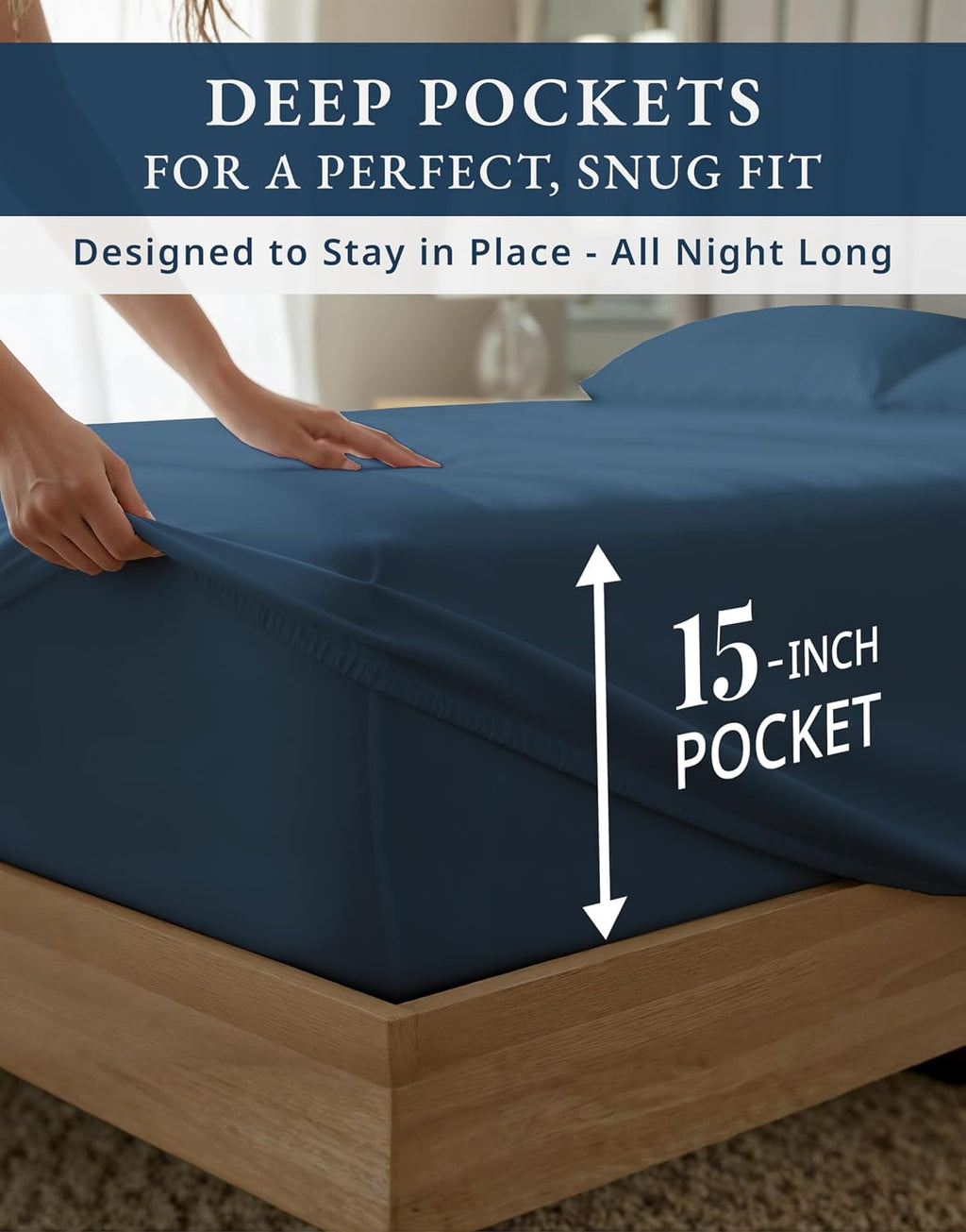 100% Egyptian Cotton Queen Bed Sheets Set - 1000 Thread Count Autthentic Long Staple Cotton Bed Sheets, Breathable Winter Comfort, Ultra-Soft Hotel Luxury Comfort with 15' Deep Pocket - Estate Blue