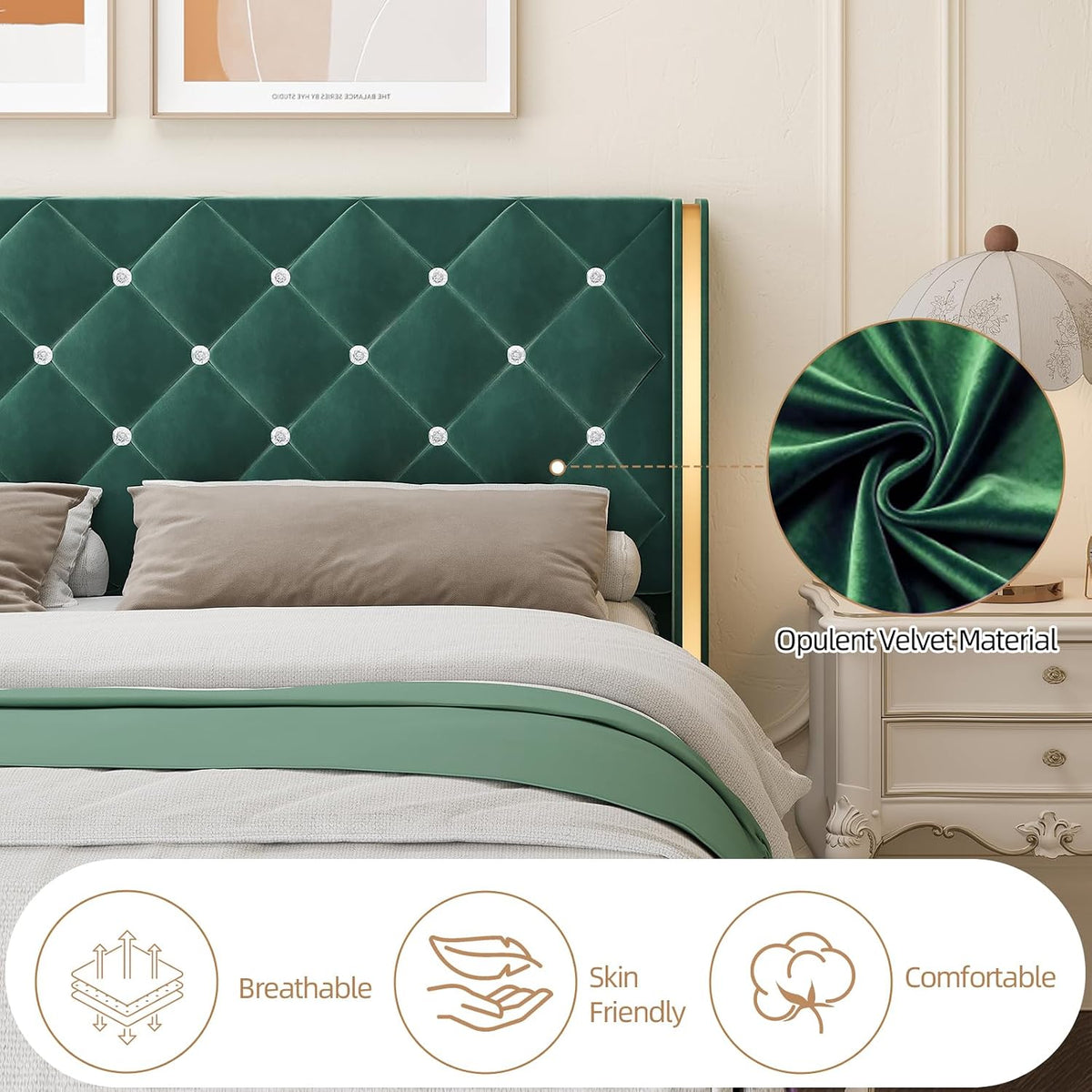 HOMBCK King Size Bed Frame with Headboard, Upholstered Platform Bed with Wingback Design, Modern Diamond Bed Frame with Tufted Deep Button, No Box Spring Needed, Easy Assembly, Green
