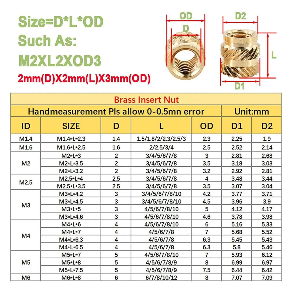 200-800Pcs M2 M2.5 M4 M5 M3 Heat Insert Nut Thread Insert 3D Printing Hot Melt Knurled DoubleTwill Embedment Brass InsertNut M6(800pcs,M4x5x6)