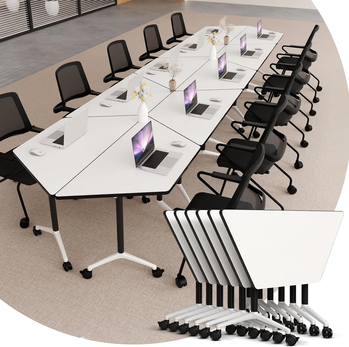 Modern Folding Office Conference Table,47.2in Flip-Top Stackable Training Room Tables,Space-Saving,6 Pack Mobile Conference Room Tables with Wheels,Modular Meeting Table for Classroom & Seminar Rooms