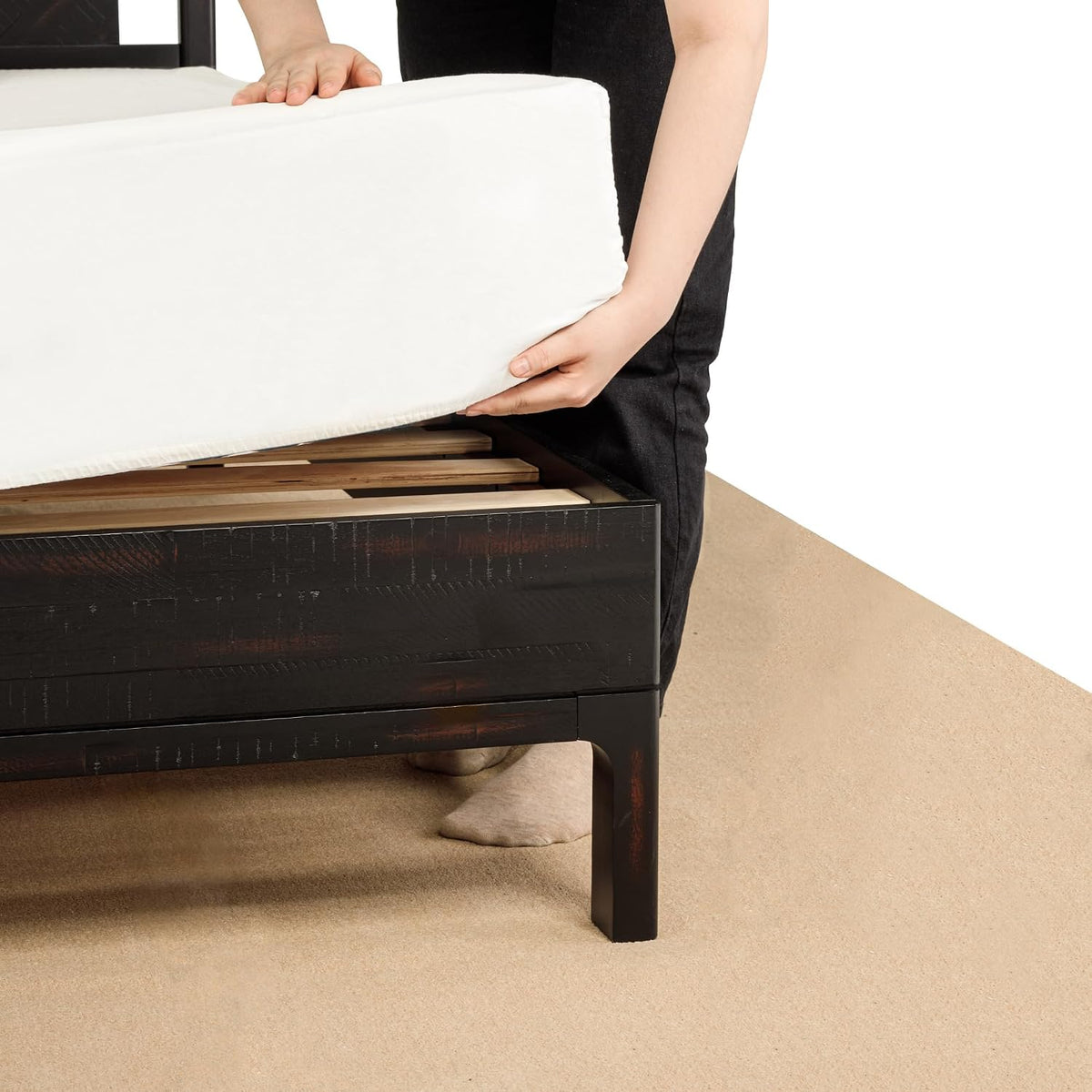 Bme Ethan King Size Bed Frame with Diamond Headboard, Rustic Mid-Century Modern, Solid Acacia Wood, No Box Spring Needed, Slat Support, Rustic Black