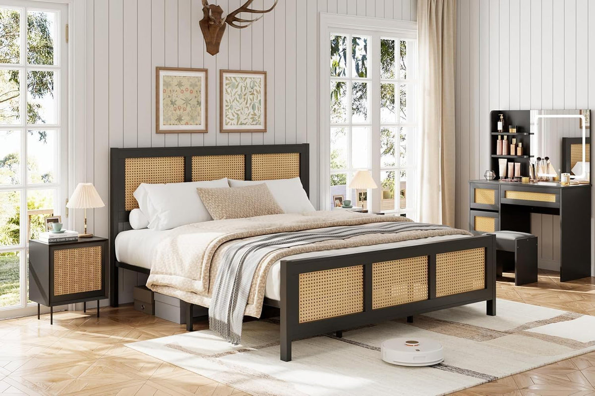 IDEALHOUSE Rattan Bed Frame with Headboard, Boho Full Size Bed Frame with Strong Metal Slats Support, No Box Spring Needed, Noise-Free Design, Black