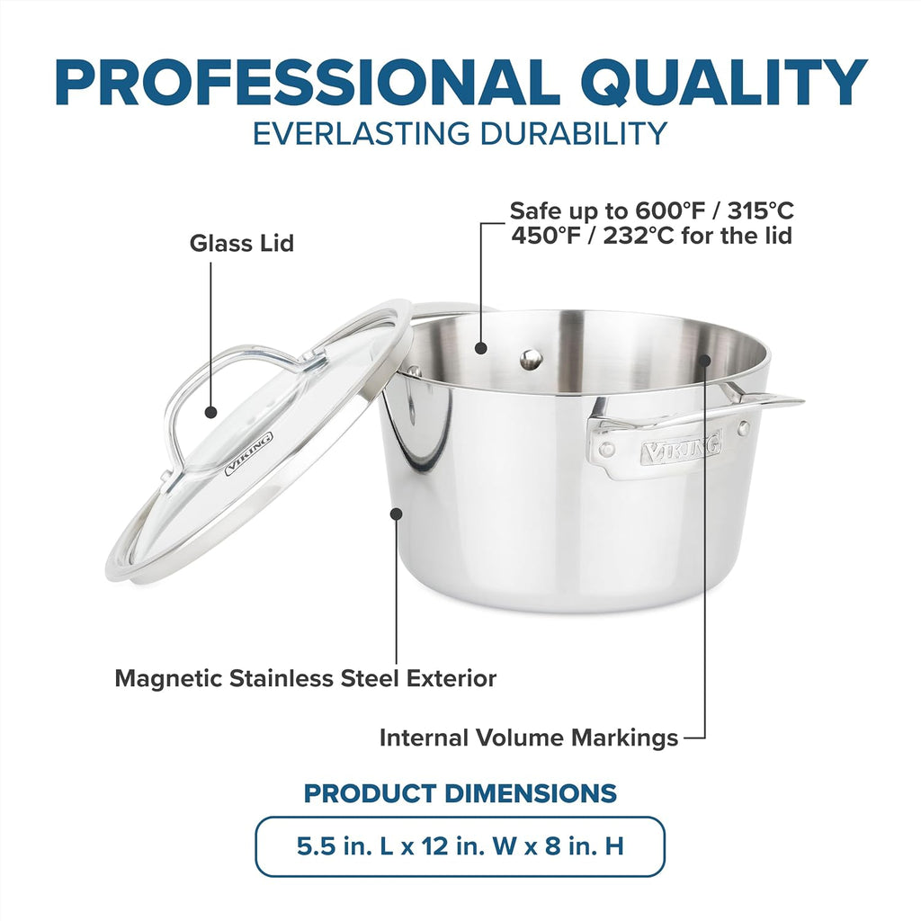 Viking Contemporary 3-Ply Stainless Steel Stock Pot, 3.4 Quart Soup Cooking Pot with Lid