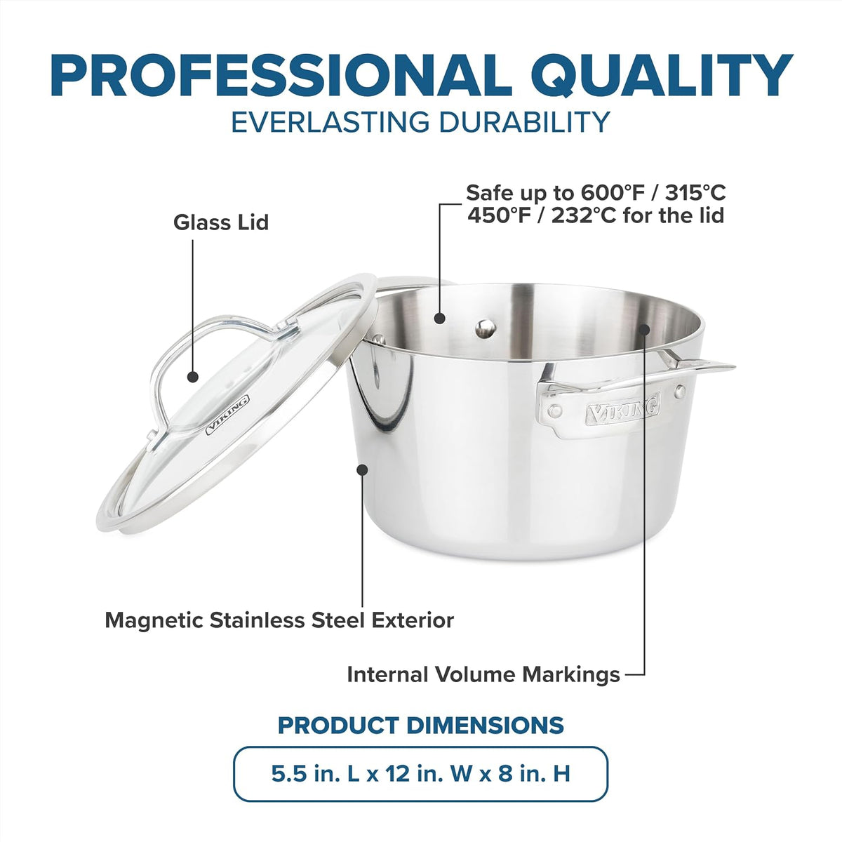 Viking Contemporary 3-Ply Stainless Steel Stock Pot, 3.4 Quart Soup Cooking Pot with Lid