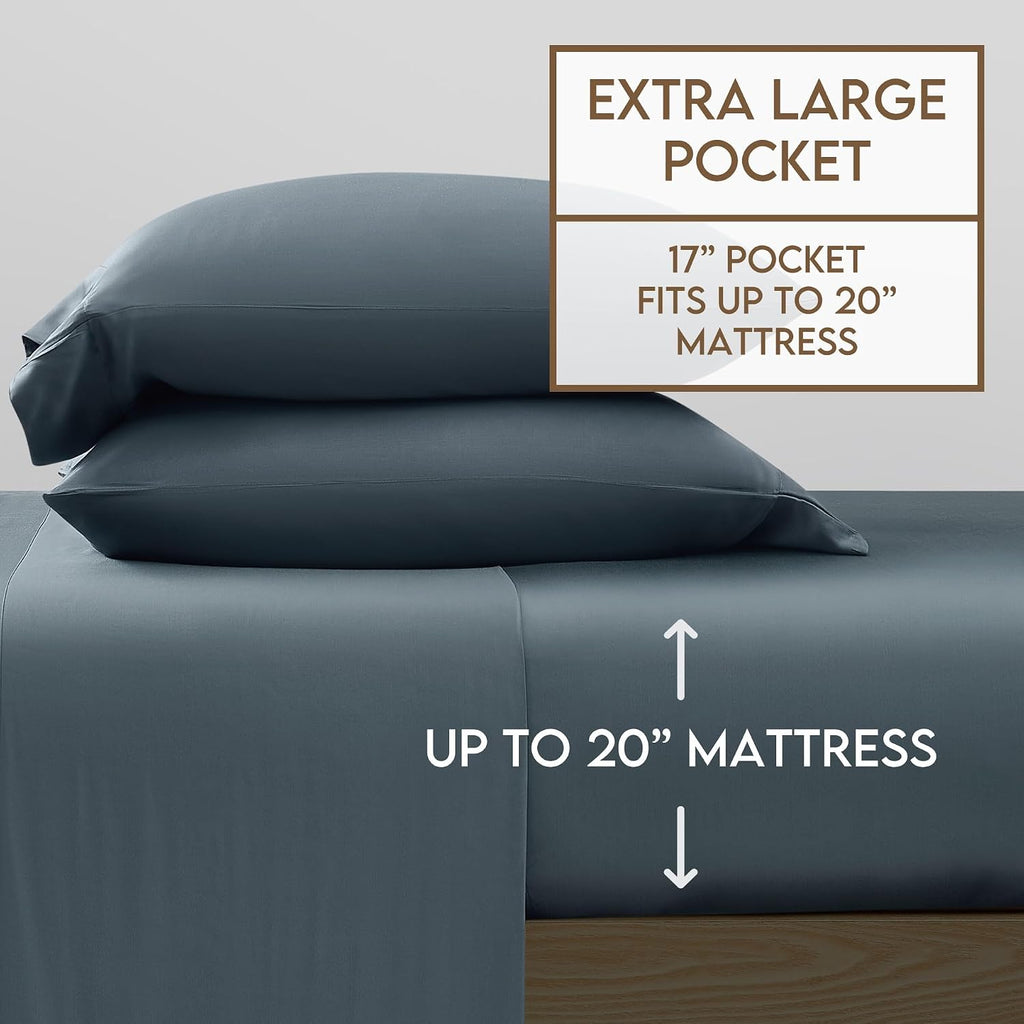 Brooklyn Loom 300 Thread Count 100% Rayon from Bamboo Blue 4 Piece Queen Sheet Set
