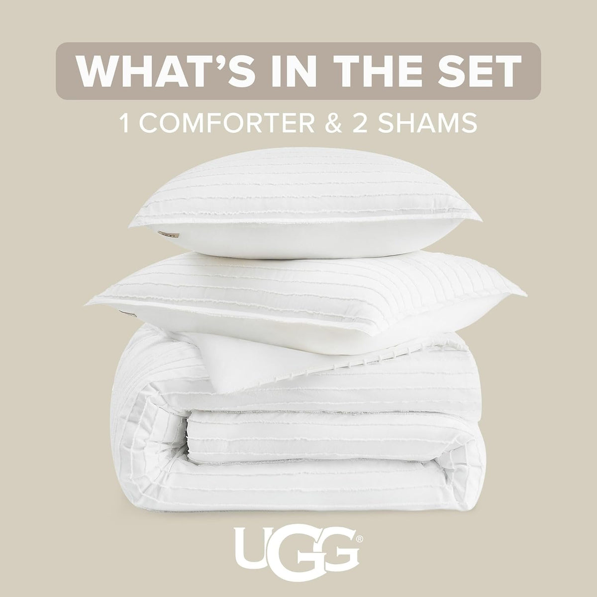 UGG Textured King Comforter Set - 3 Piece Striped Reversible Queen Bedding Set with Pillow Shams, Stylish Soft & Luxurious White Bed Set for Home & Bedroom (King)