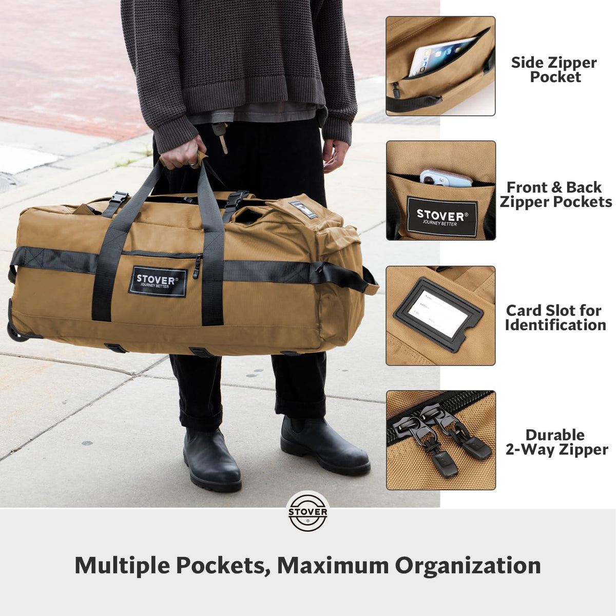 STOVER 45/80/100L Rolling Duffel Bag with Wheels, Large Durable Travel Duffle + Toiletry Bag, Heavy Duty, Packable, Foldable with Shoulder Straps- Use as Luggage or Backpack, Men/Women (Tan)