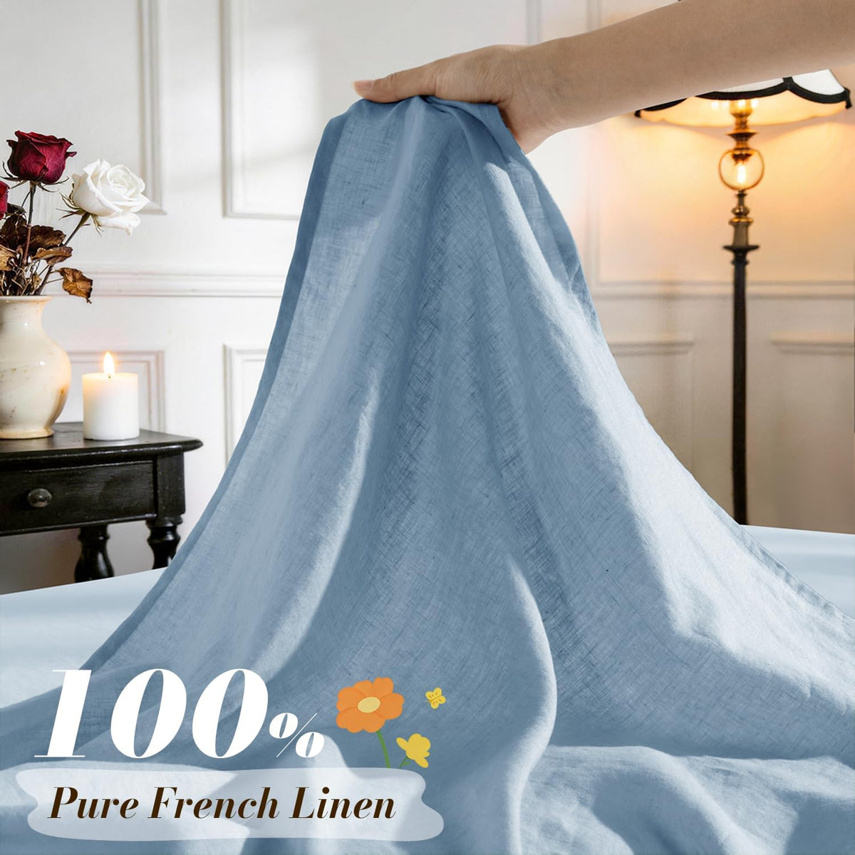 SONORO KATE 100% French Pure Linen Sheets, Breathable and Durable Linen King Size Sheets, Anti-Tear Linen Bed Sheets, Machine Washable, 16 Inch Deep Pocket - 4 Piece (Dusty Blue, King)