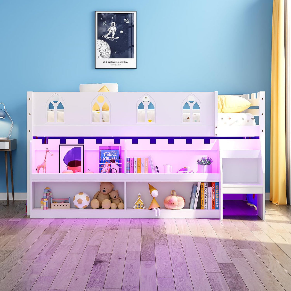 JOYMOR Low Loft Bed with LED Lights, Twin Loft Bed with Stairs, Safety Guardrail, Curtain, Wooden Bed Frame for Kids with Storage Bookcase and Under-Bed Play Space (White)