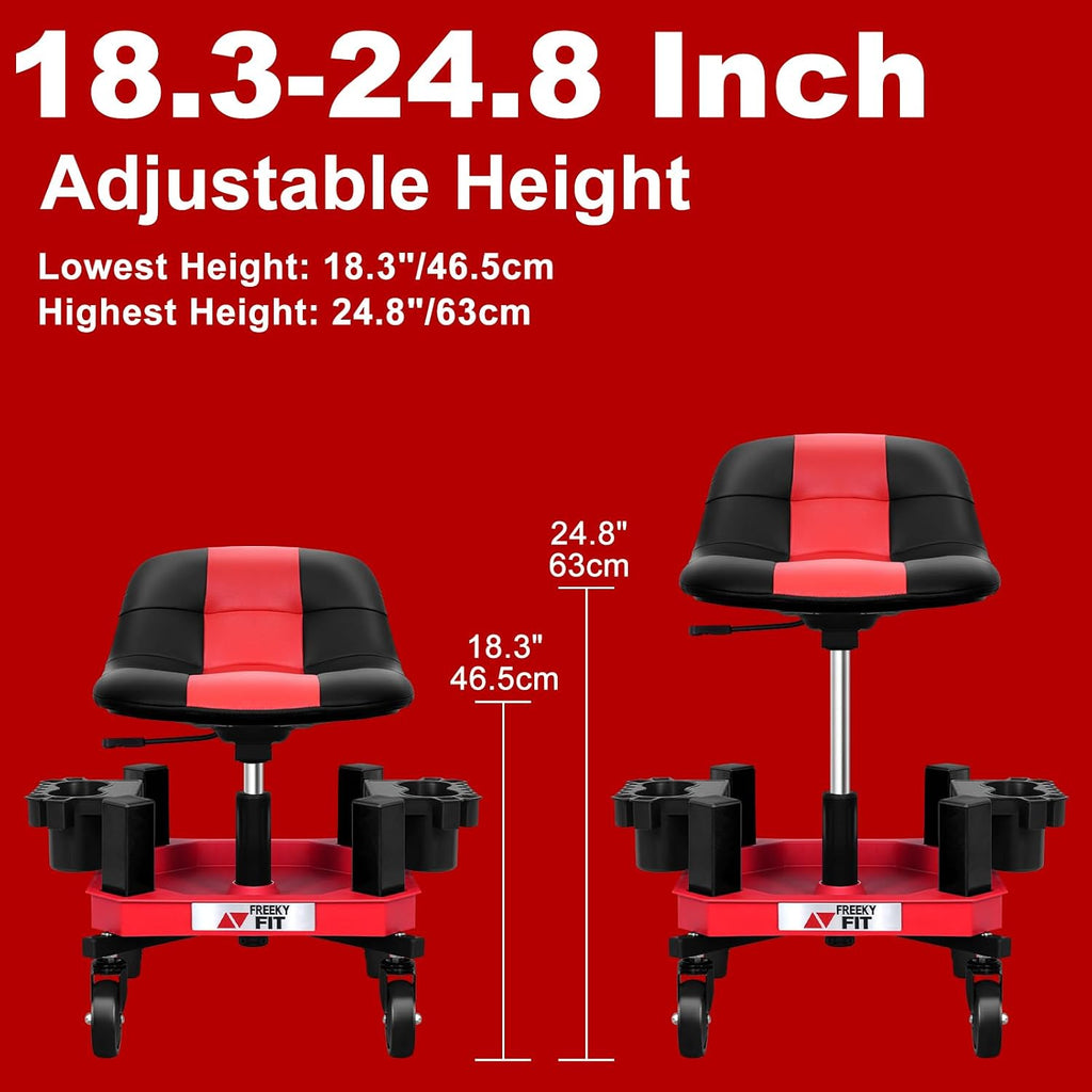 Rolling Shop Stool with Wheels, Adjustable Garage Mechanic Stool Seat Shop Roller Work Chair Mobile Rolling Seat with Tool Tray, 2 Cup Holders, 4' Casters, 350 LBS, Heavy-Duty, Red