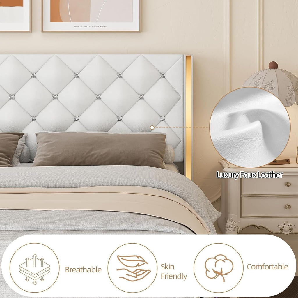 HOMBCK Twin Bed Frames with Headboard, Upholstered Twin Bed Frame with Diamond Tufted Wingback Headboard, 600lbs Heavy Duty Support, Gold Metal Edge Accents, No Box Spring Needed, White Leather