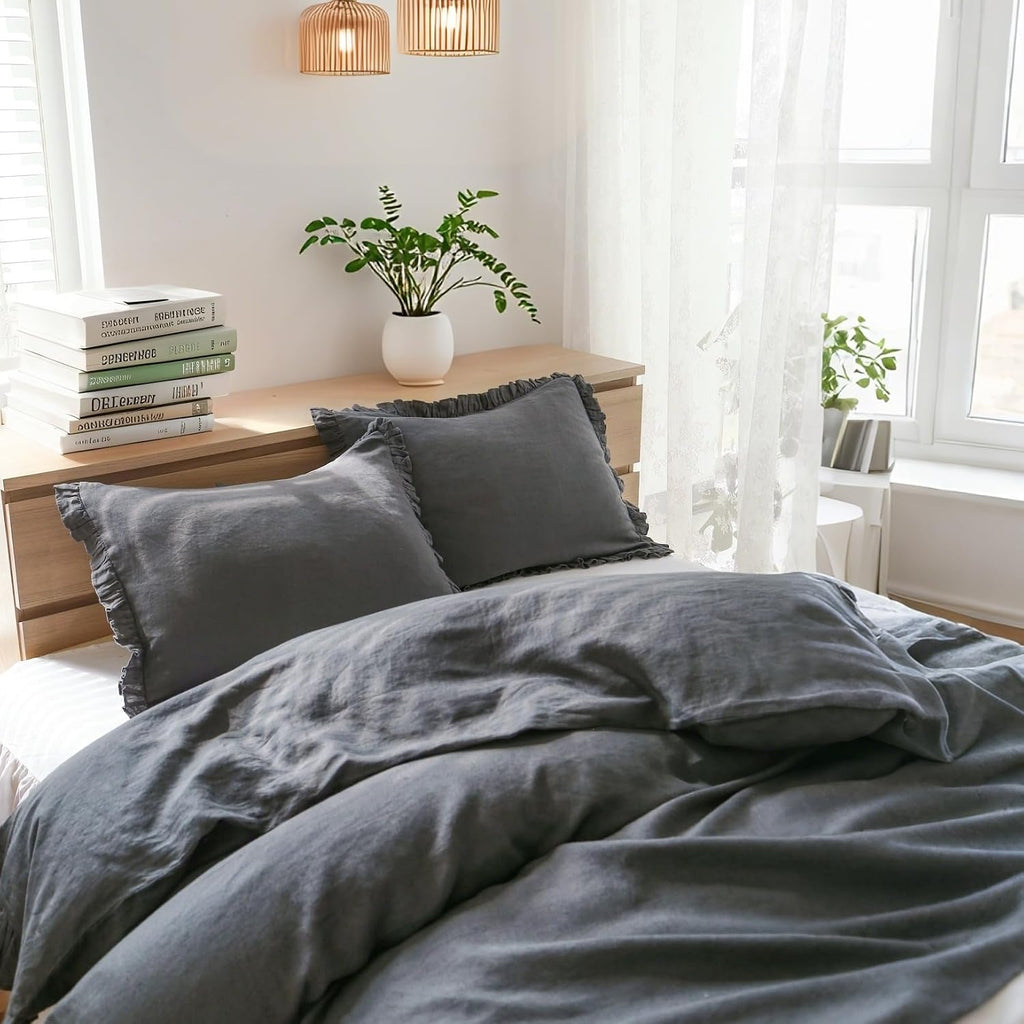 Simple&Opulence 100% Linen Duvet Cover Set, 3 PCS Natural French Flax Dark Grey Ruffle Duvet Cover Queen Size, Breathable Comfy Linen Bedding Comforter Cover with 2 Pillowcases (Dark Grey, 88' X 92')