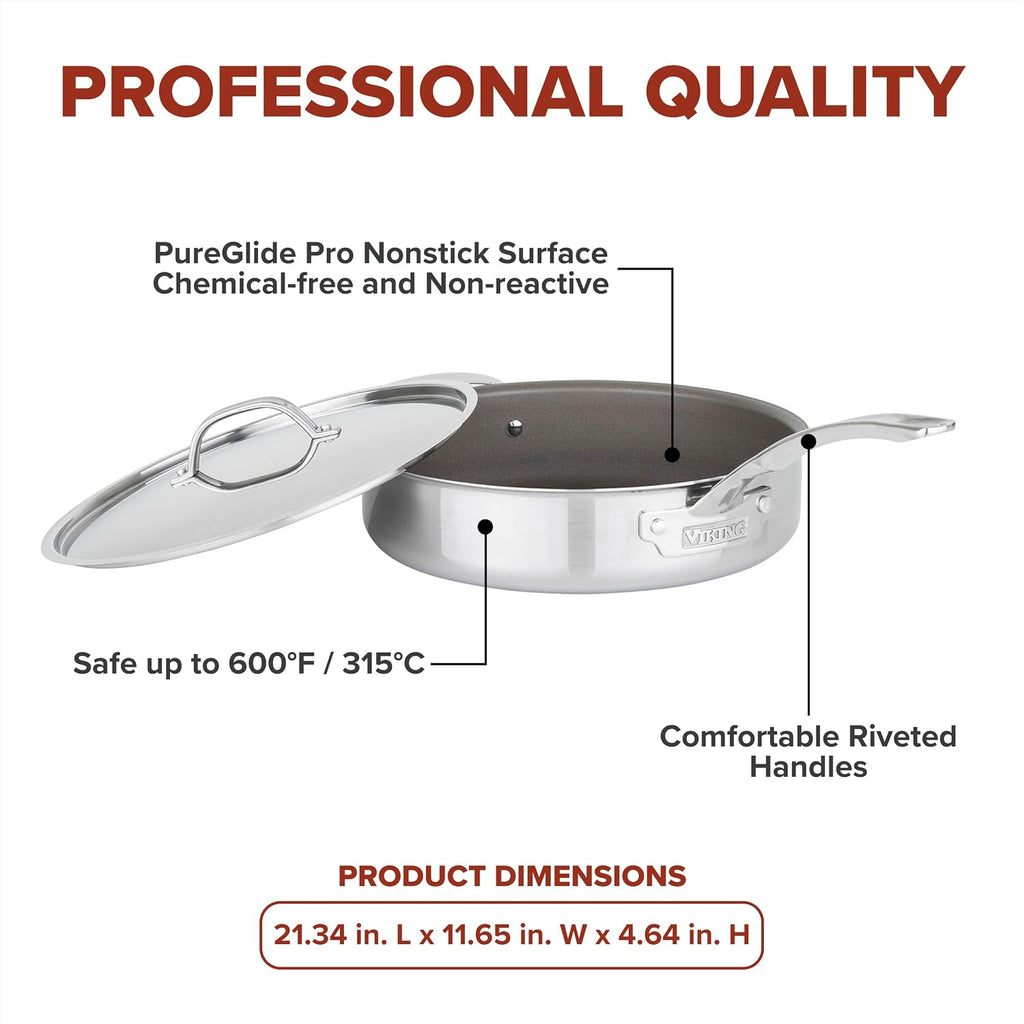 Viking PureGlide Pro 3-Ply Nonstick Sauté Pan with Lid, Made without PFAS, 4.5-Quart Induction Deep Frying Pan with Helper Handle, Metal Utensil Safe Titanium Nonstick Surface, Oven Safe to 600F