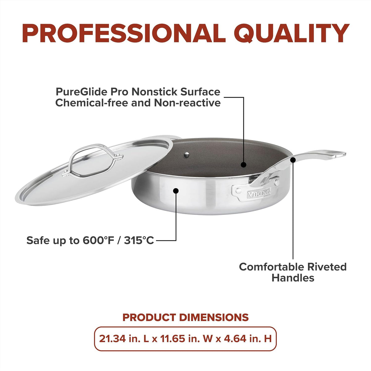Viking PureGlide Pro 3-Ply Nonstick Sauté Pan with Lid, Made without PFAS, 4.5-Quart Induction Deep Frying Pan with Helper Handle, Metal Utensil Safe Titanium Nonstick Surface, Oven Safe to 600F