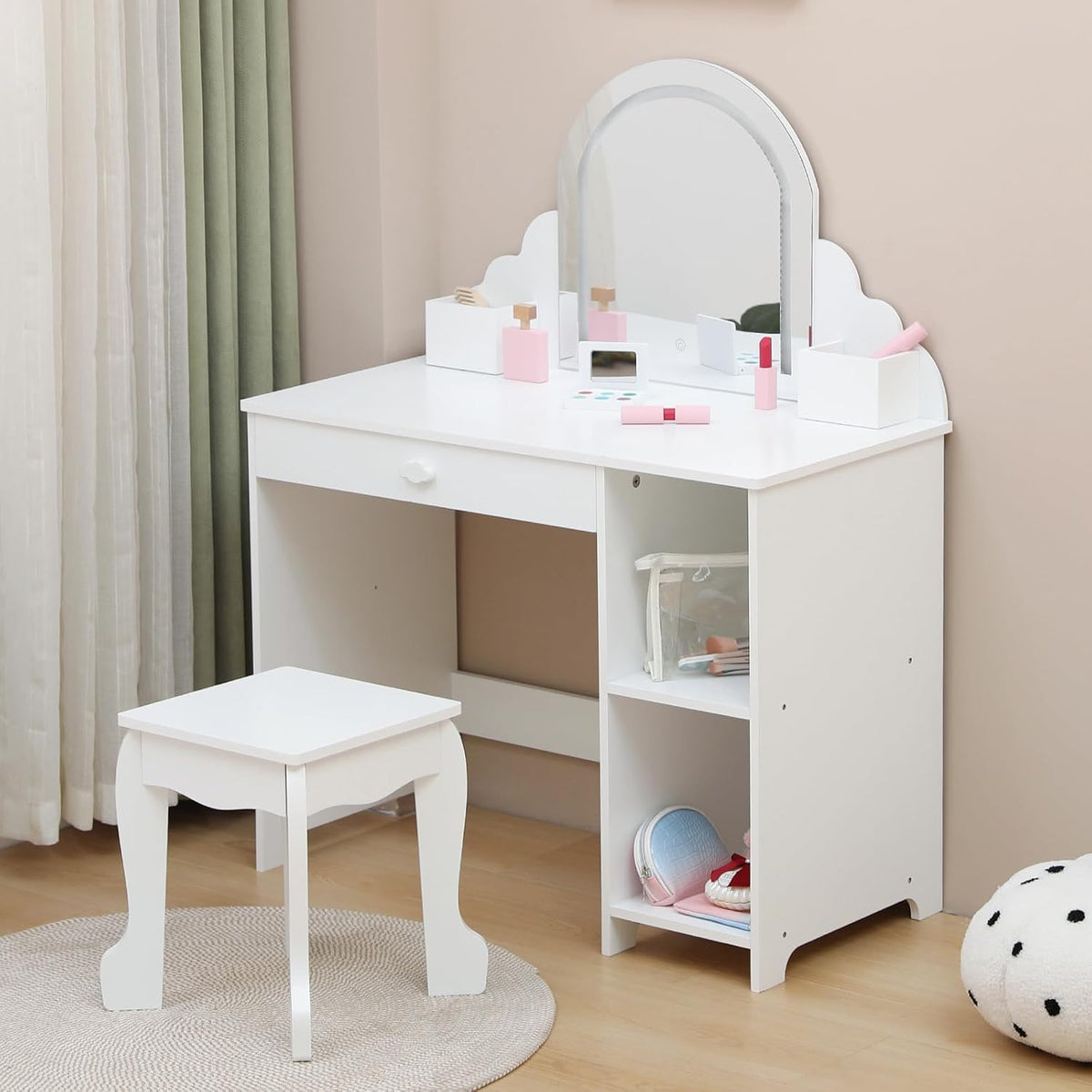 Garvee Kids Vanity with Lighted Mirror & Stool, Little Girls Vanity and Wooden Makeup Playset with Adjustable LED Light, Storage Drawer & Shelves for Girls 3-9, White
